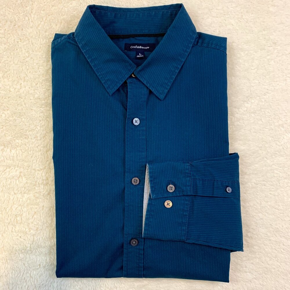 Croft & Barrow L Men's Button Down Dress Shirt Long Sleeve Teal Shadow Stripe